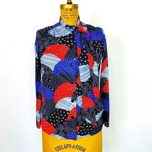 Vintage Novelty Print Polyester Blouse with Tie Neck by Miss Charm of Boston